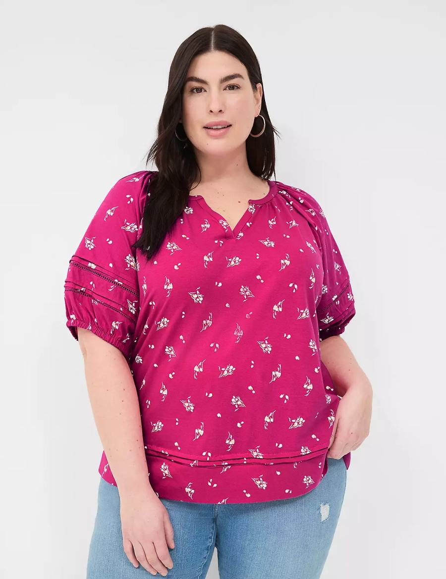 Lane Bryant Relaxed V-Neck Knit & Woven Top Magliette Donna Rosa | TRG9997XU