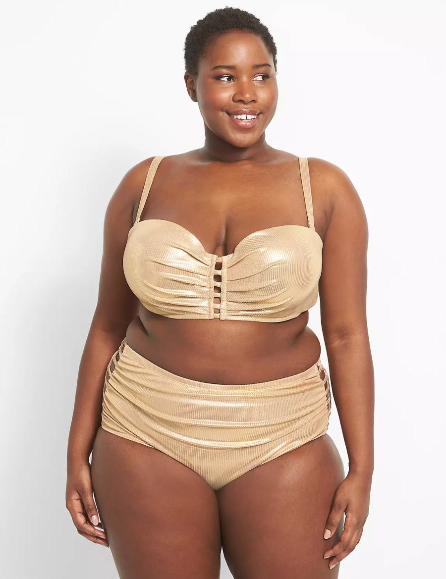 Lane Bryant Ribbed Ruched Strappy-Side Swim Slip Donna Beige | BMW5774RG