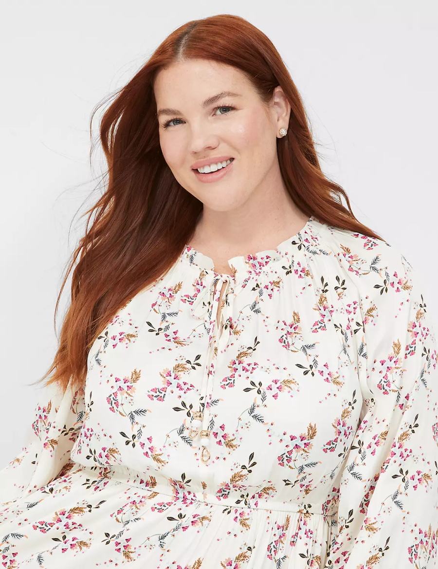 Lane Bryant Satin Blouson-Sleeve Tiered Abito Midi Donna Crema Rosa | TUD7711CL