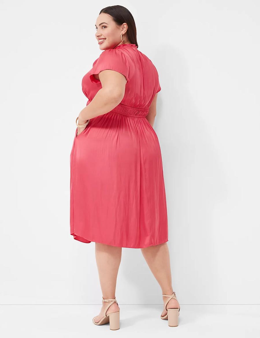 Lane Bryant Satin Flutter-Sleeve Ruffle V-Neck Abito Midi Donna Rosa | JQH735AU