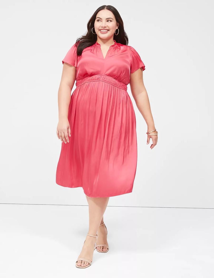 Lane Bryant Satin Flutter-Sleeve Ruffle V-Neck Abito Midi Donna Rosa | JQH735AU