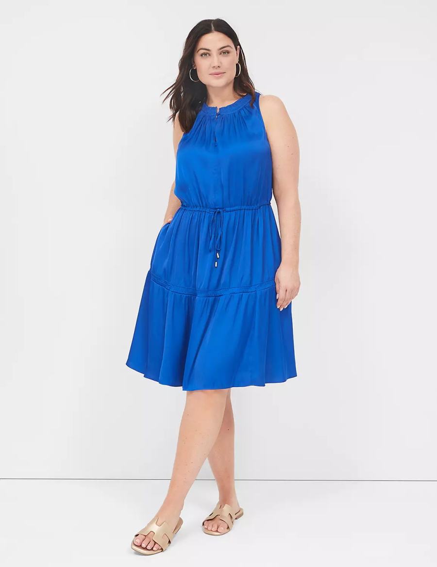 Lane Bryant Satin Smocked-Neck Tie-Waist Vestito Casual Donna Blu | RPX8237GI