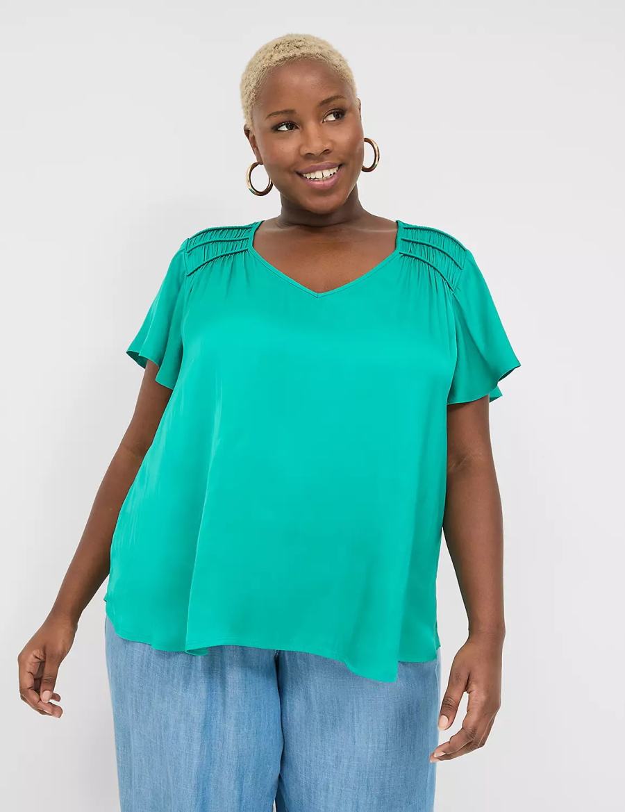 Lane Bryant Satin Smocked-Shoulder Camicetta Donna Verde Acqua Chiaro | ANQ6890TC