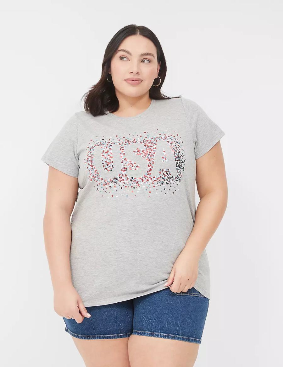 Lane Bryant Sequin USA Graphic Tee Magliette Donna Grigie Chiaro | JRI935LT