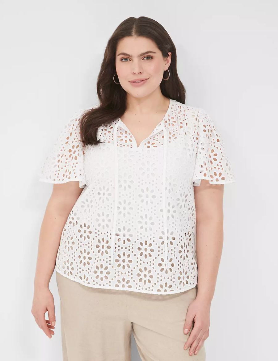 Lane Bryant Sheer Flutter-Sleeve Eyelet Top Magliette Donna Bianche | PJF2364ND