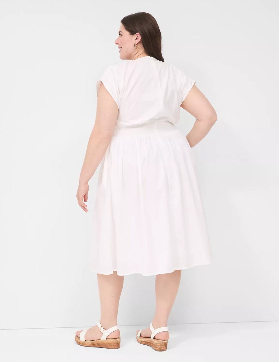 Lane Bryant Shirred-Shoulder Smocked-Waist Abito Midi Donna Bianche | MOR1778BD