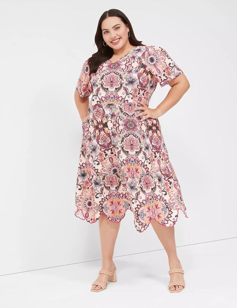 Lane Bryant Short-Sleeve Scallop-Hem Abito Midi Donna Colorate | EME9682LI