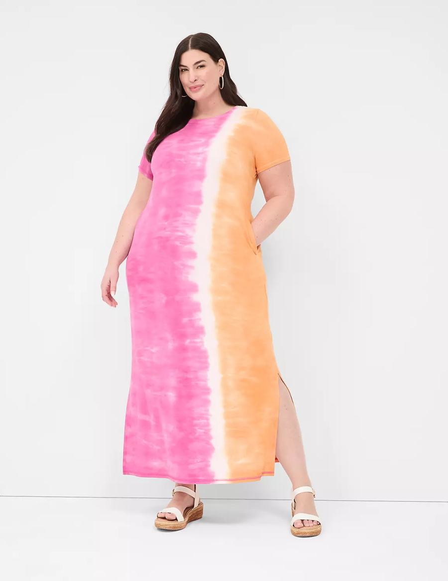 Lane Bryant Short-Sleeve Side-Slit Tie Dye Abito Lungo Donna Rosa Arancioni | CTT1325RD