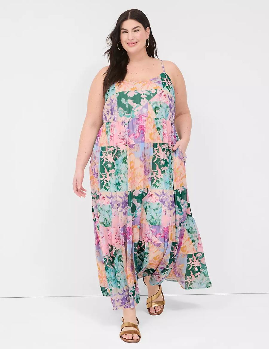 Lane Bryant Sleeveless V-Neck Tiered Abito Lungo Donna Colorate | FJE8368TS