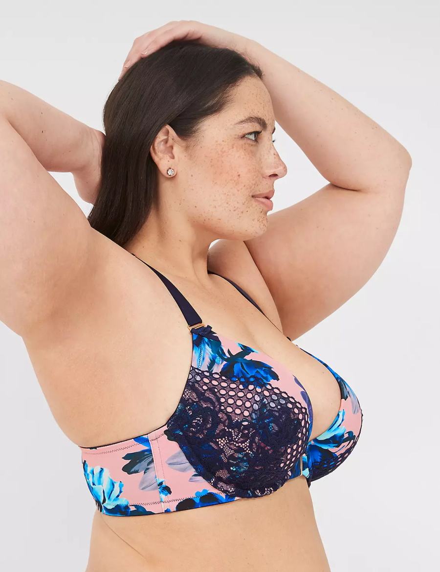 Lane Bryant Strappy-Back Boost Plunge Front-Close Bralette Donna Rosa Blu Colorate | OTL3692QI