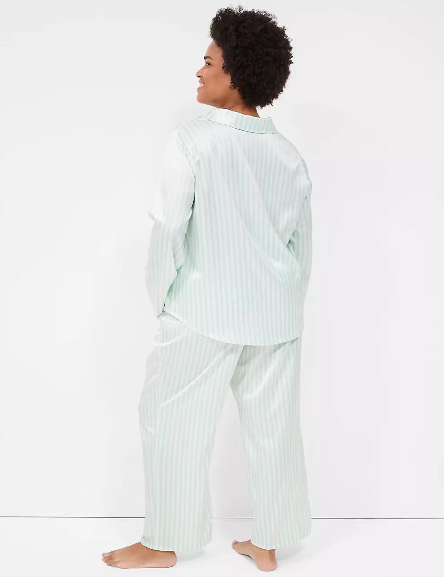 Lane Bryant Stretch Satin Shirt & Pant PJ Set Pigiama Donna Verdi Strisce | GEE7770CM