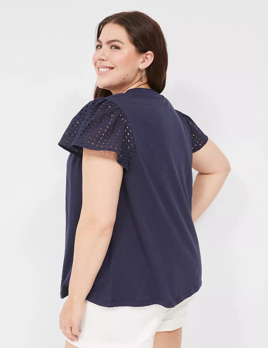 Lane Bryant Swing Flutter Sleeve Eyelet & Knit Tee Magliette Donna Blu | OUJ9187ZS