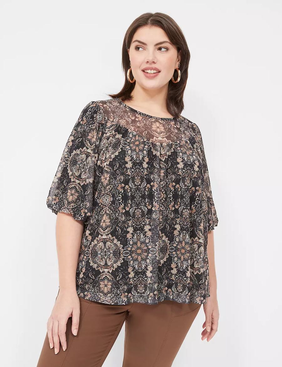 Lane Bryant Swing Perfect Puff-Sleeve Mesh Top Camicetta Donna Nere | TSI2651SL