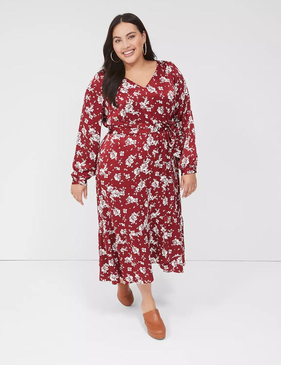 Lane Bryant Textured Satin Long-Sleeve Wrap-Skirt Abito Midi Donna Rosse | GWK6324KR