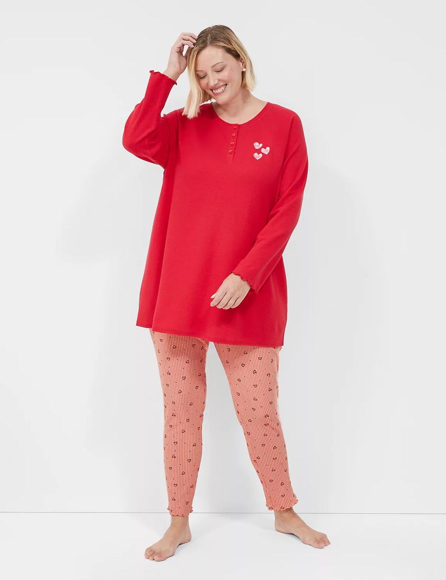 Lane Bryant Thermal Cotton Lettuce-Edge Henley Tee & Legging PJ Set Pigiama Donna Rosse Colorate | NYS9581MF