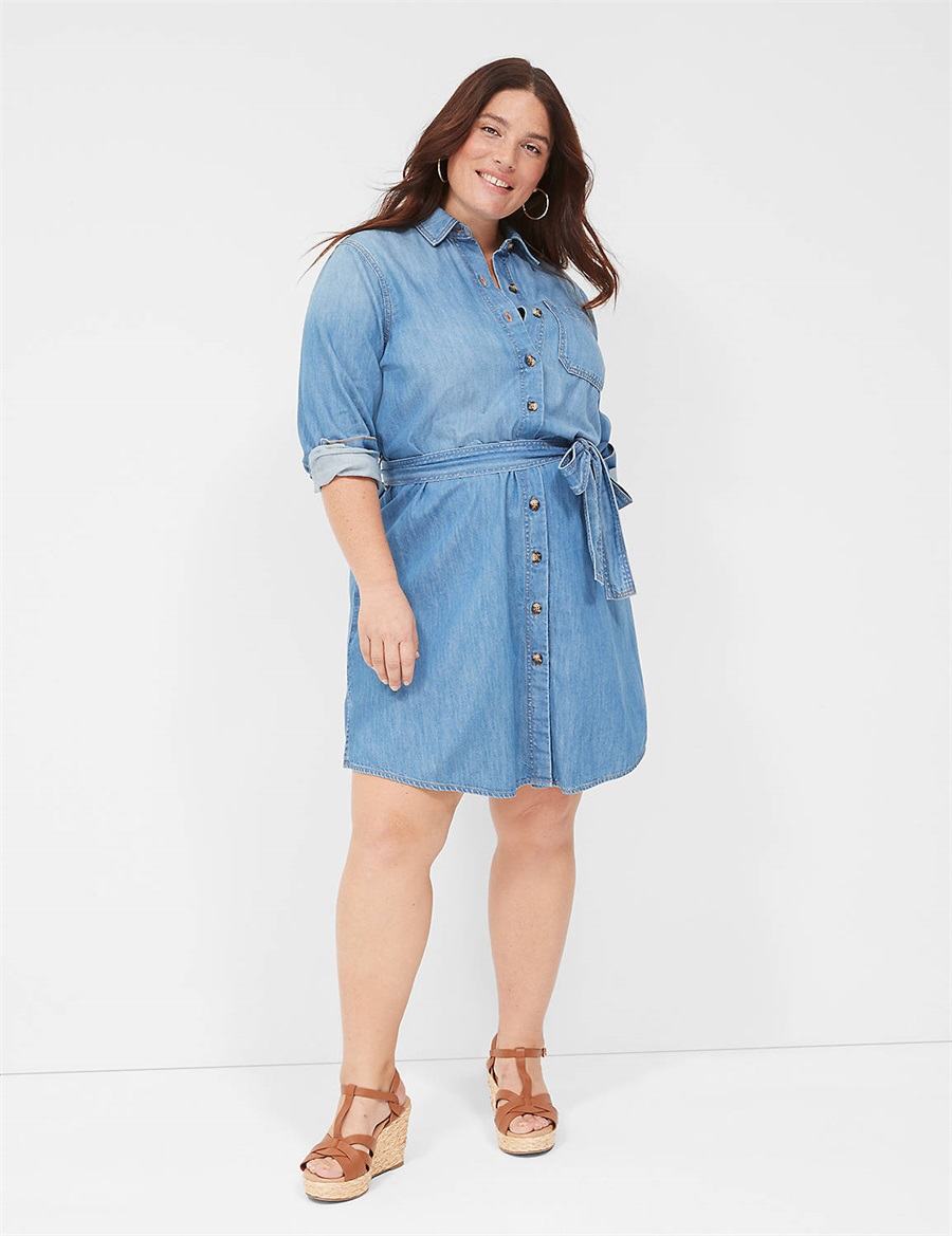 Lane Bryant Tie-Waist Denim Abito Camicia Donna Blu | OUZ2197XM