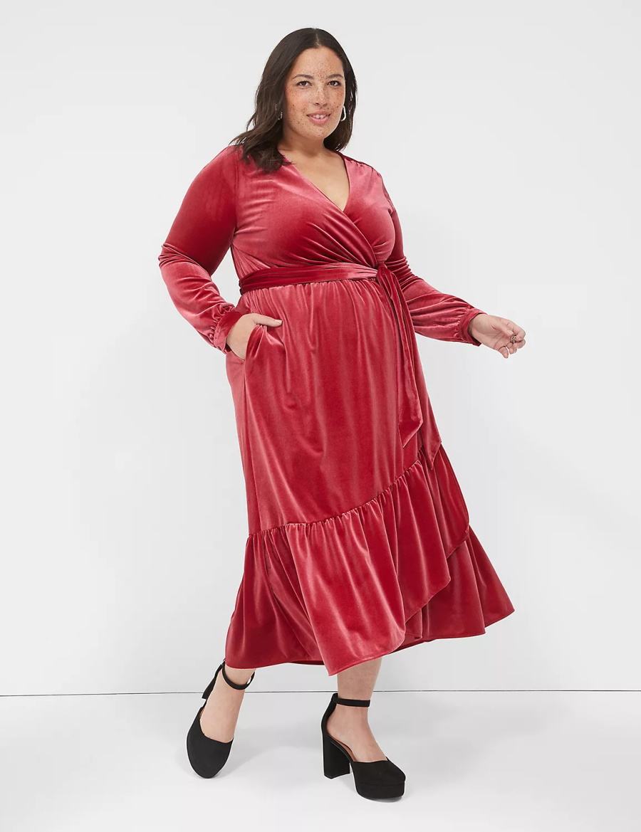 Lane Bryant Tiered Wrap Velvet Abito Midi Donna Rosse Scuro | VNT6234NX