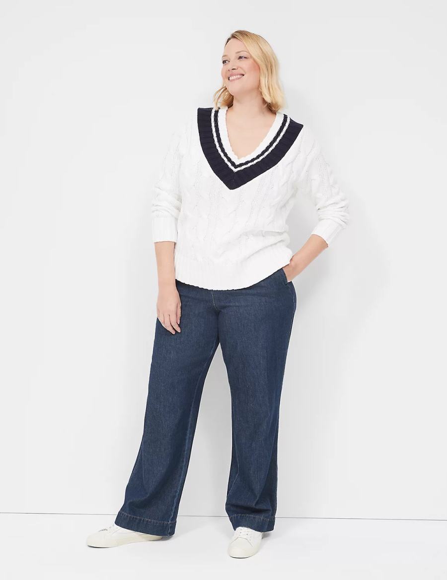 Lane Bryant V-Neck Cable Pullover Maglioni Donna Bianche | DZG6027MI