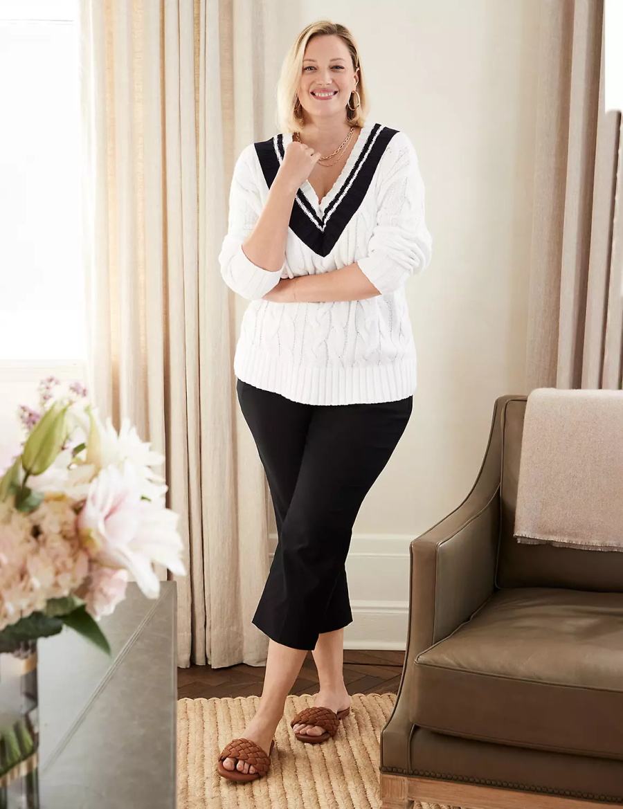 Lane Bryant V-Neck Cable Pullover Maglioni Donna Bianche | DZG6027MI