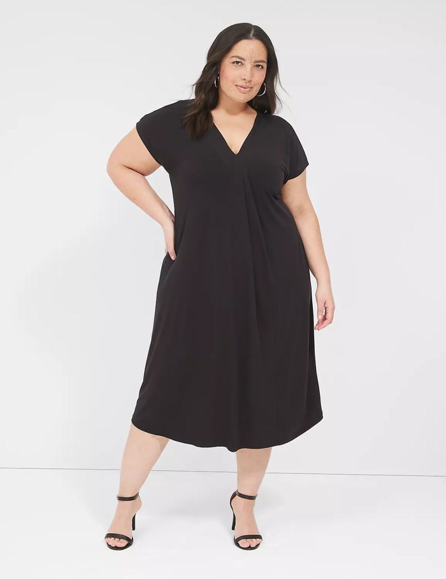 Lane Bryant V-Neck Pleat-Front Jersey Vestito Casual Donna Nere | NJZ9491QD