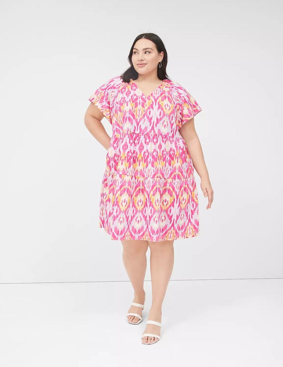 Lane Bryant V-Neck Tiered Easy Vestito Corto Donna Rosa | UNW7276LR