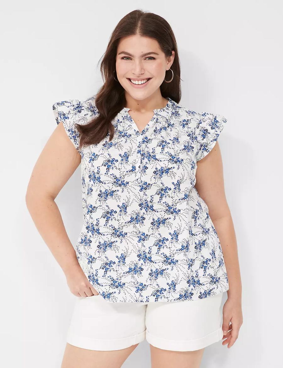 Lane Bryant Woven & Knit Cap Flutter-Sleeve Top Camicetta Donna Blu Bianche | BXG3299YR